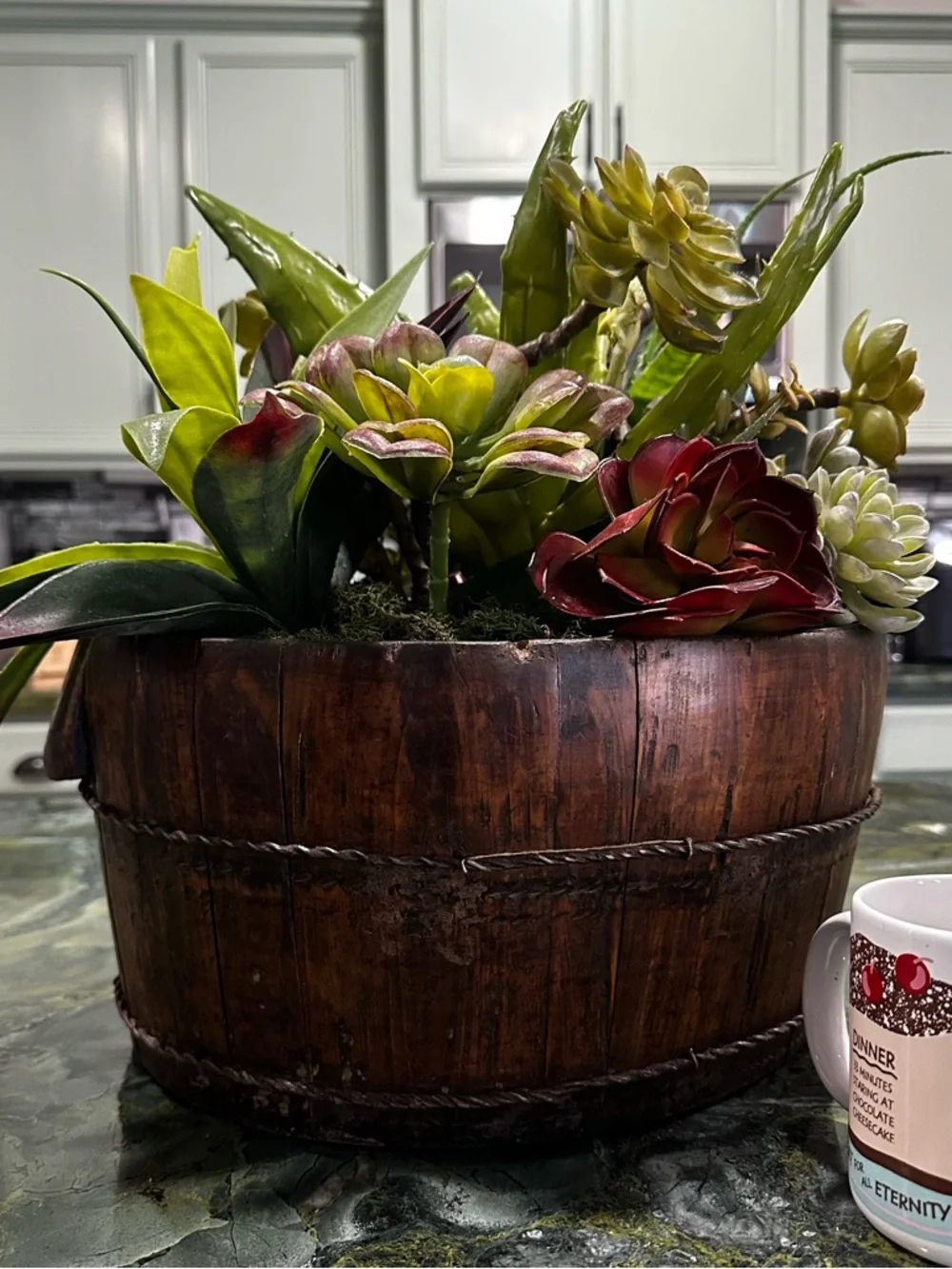Succulent Barrel Arrangement -Green & Red Large rustic wood barrel planter 15x16